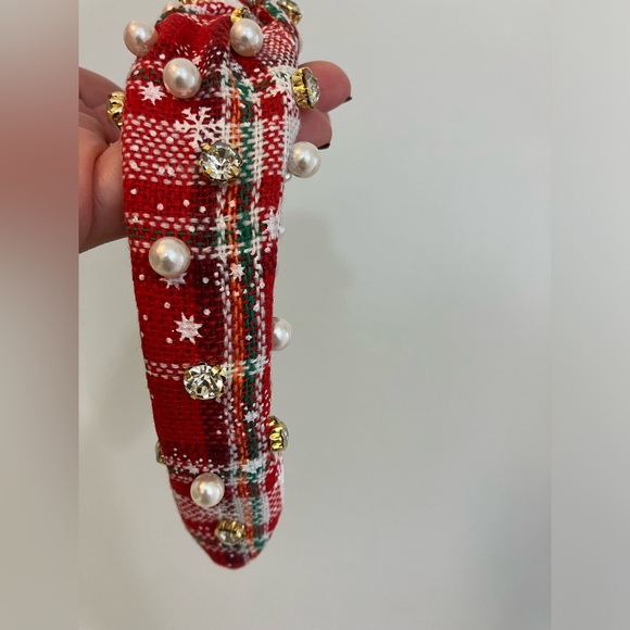 Plaid Red Headband With Faux Pearl and Rhinestone. - Picture 3 of 3